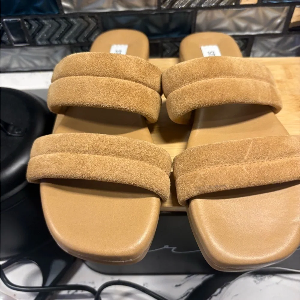 Steve Madden Tan Suede Padded Double-Strap Slide Sandals